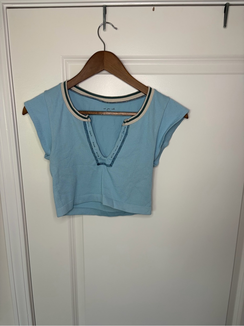 Urban Outfitters Light Blue Ribbed Cropped Tee with Striped Neck Trim